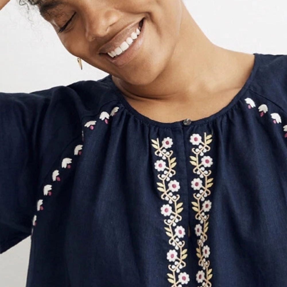 Madewell Embroidered Linen-Blend Raglan Ruffle Mini Dress In Deep Navy - Picture 4 of 8